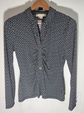 Michael Kors Black White Geometric Print Ruched Blouse Size M NWOT